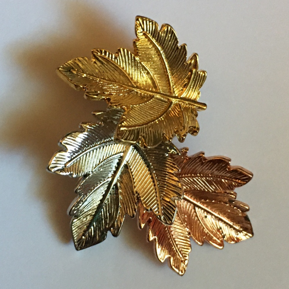 Vintage Gold Copper Silver Tone Leaf Brooch | Textured Autumn Leaves Pin